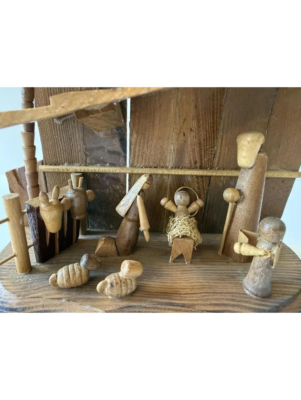 Vintage 1978 Handmade Folk Art Wooden Nativity Scene Christmas Creche Manger